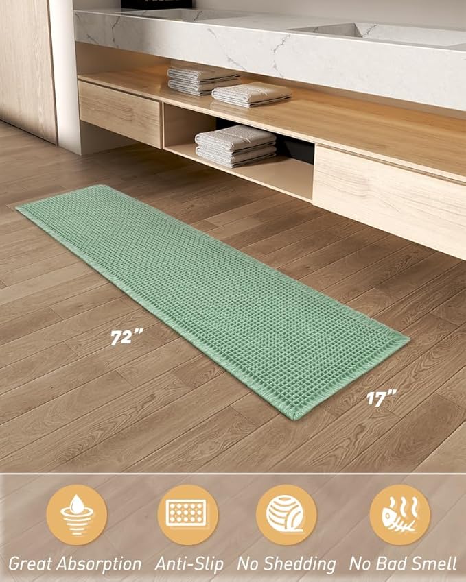 AMOAMI Upgraded Waffle Runner Rug Super Absorbent Non Slip Bath Mats for Bathroom Machine Washable Bathroom Runner Rug with Tassels, Ideal for Hallway Bedroom Laundry Room, 17" x 72", Sage