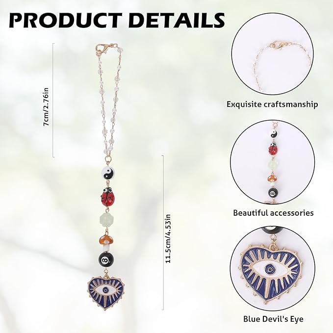 Evil Eye Car Rearview Mirror Charm - 8 Ball Mushroom Ladybug Hanging Ornament with Beads, Boho Style Cars Decor Pendant for Protection, Good Luck & Positive Energy Accessories