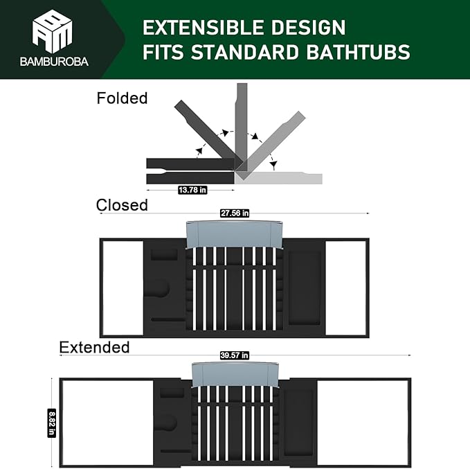 Foldable Bamboo Bathtub Caddy Tray Expandable for Luxury Bath, Bath Accessories & Table with Wine Glass Holder, Book Stand Bathroom Organizer with Extending Sides for Men/Women,Black