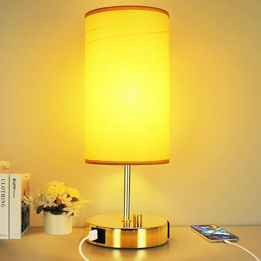 HiBay 17.75" H Dimmable LED Bedside Table Lamp with USB Charging Ports & AC Outlet, Modern Gold Nightstand Light for Bedroom, Office, Living Room, Kids Room, Round Fabric Shade, E26 Bulb Included