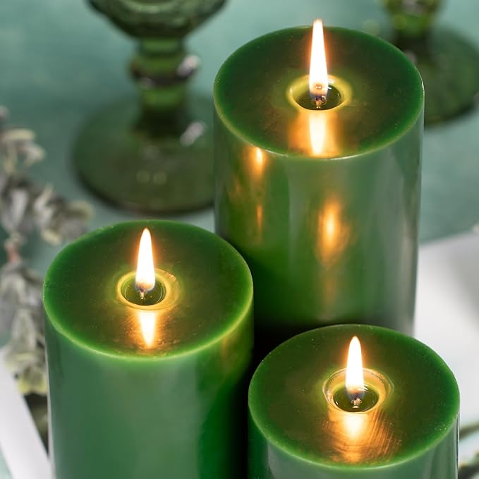 KONNI Navy Green Pillar Candles Set of 3, 3"x 4" Unscented Pillar Candles Bulk, 39 Hours Long Burning Candles, Smokeless&Dripless Large Round Candle for Wedding, Home Decoration, Parties, Spas, Dinner