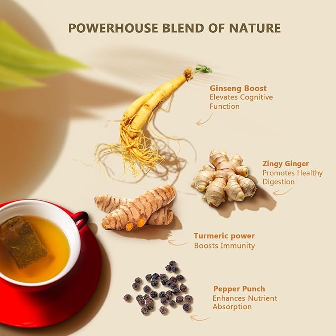 Olinda Turmeric Herbal Tea Ginger Ginseng Tea Organic Tea Bags Caffeine Free Antioxidant Rich Tea Bags 100% Pure Herbs Brew Hot 28 Tea Bags Pack of 1