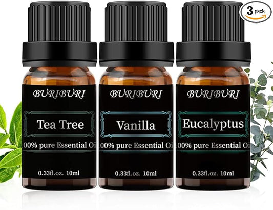 BURIBURI Tea Tree, Eucalyptus and Vanilla Essential Oil Set, 100% Pure 3Pcs Essential Oils Gift Set for Diffusers