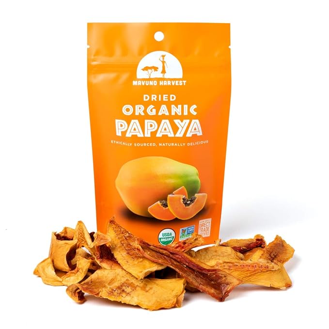 Mavuno Harvest Papaya Dried Fruit Snacks | Organic Dried Papaya Slices | Gluten Free Healthy Snacks for Kids and Adults | No Sugar Added, Vegan, Non GMO, Direct Trade | 2 Ounce, Pack of 3