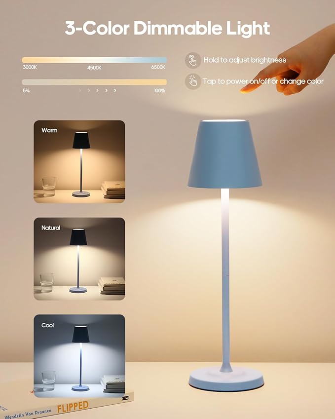 LED Cordless Table Lamp Rechargeable, 3-Height Adjustable, 5500mAh Battery Operated Lamp, 3-Color Dimming Touch Lamp, Portable Lamp for Dining, Bedroom,Camping, Outdoor, Indoor(Blue 1 Pc)