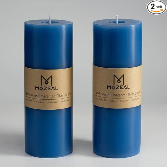 MOZEAL 3" x 8" Hand-Poured Unscented Large Candle,Smokeless Rustic Pillar Candle Set of 2,Slow Burn,No Drip,Approx 150 Hours Burning,Wedding,Dinner,Christmas and Home Decorative,Tall Blue Candle