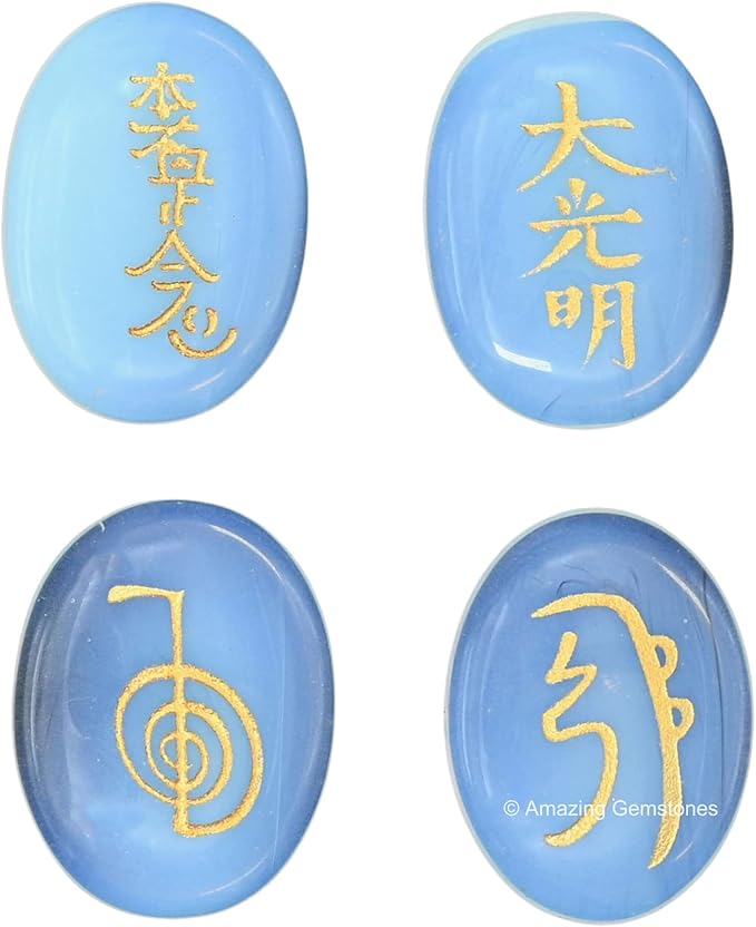 Amazing Gemstone Opalite Crystal Reiki Stones with Engraved Symbols for Usui Reiki Healing, Set of 4 Pcs (Indian Handmade Reiki Gift Set)
