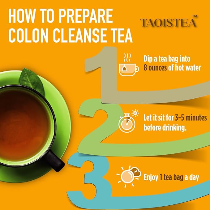 TAOISTEA Colon Cleanse Tea, Herbal Tea Blend with Senna, Peppermint, Dandelion Aloe Vera, Improve Digestive Health and Gental Gut Cleanse - 14 Bags