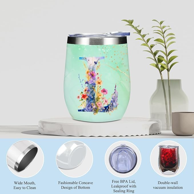 Personalized Gifts Monogrammed Birthday Gifts for Women, Mama New Mom Thanksgiving Wedding Christmas Initial Wine Tumbler Makeup Bag Scented Candle Bracelet Set, (Aesthetic Green Flower L)