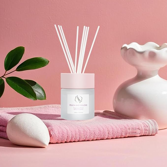 Reed Diffuser Set, Pretty Valley Home Diffuser 100Ml / 3.38fl OZ Gift Box - Includes Reed Diffuser Sticks, Fragrance Oil, and Glass Bottle for Bathroom Office Living Room Decor (White Peach & Oolong)