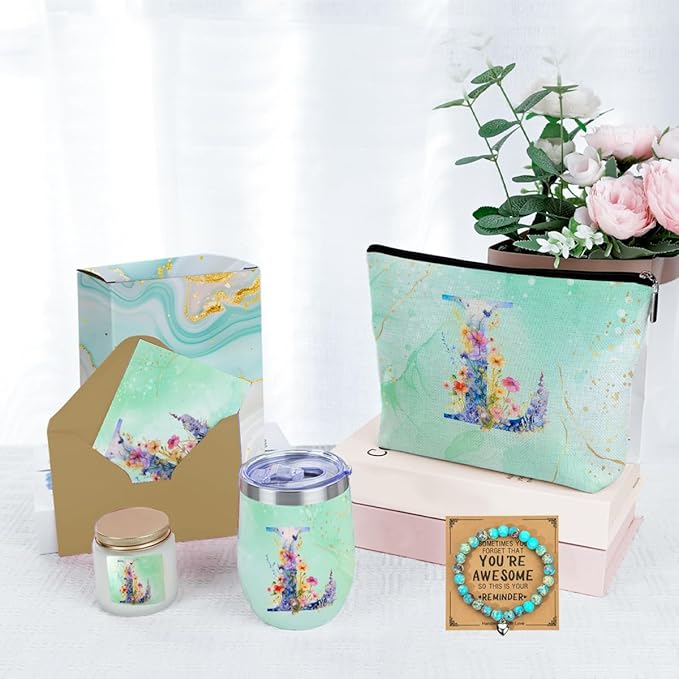 Personalized Gifts Monogrammed Birthday Gifts for Women, Mama New Mom Thanksgiving Wedding Christmas Initial Wine Tumbler Makeup Bag Scented Candle Bracelet Set, (Aesthetic Green Flower L)