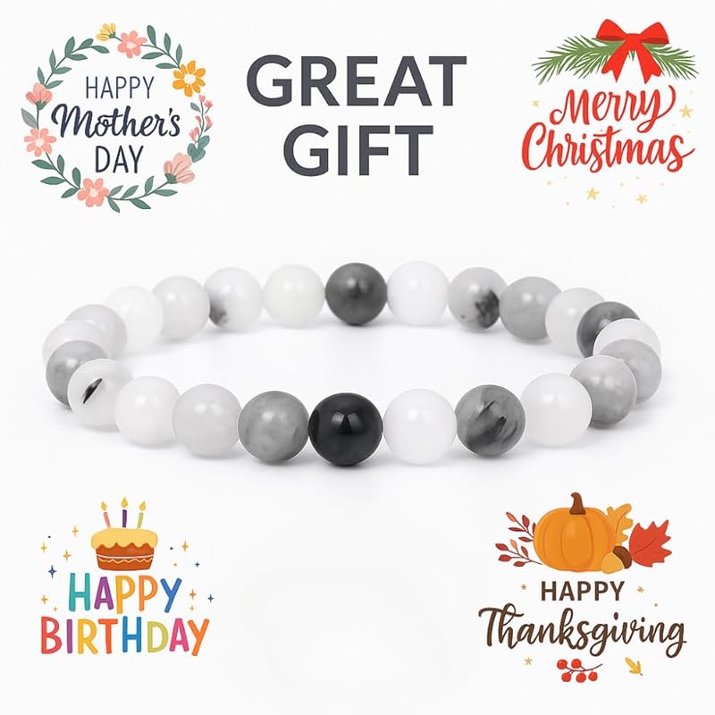 Black Rutilated Bracelet, Natural Healing Crystal Bracelet for Women and Men, 8mm Round Beaded Bracelet for Spiritual, Protection, Positive Energy, Elastic Adjustable Size Gemstone Bead Bracelet