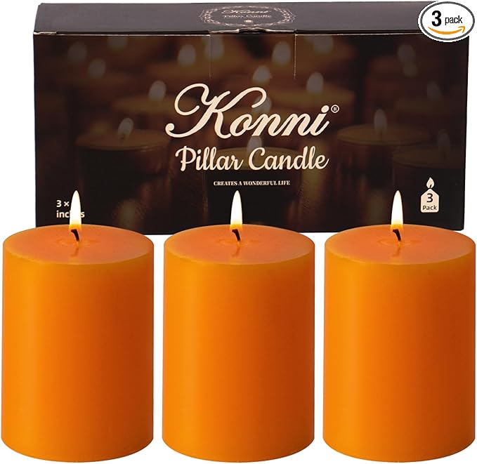 KONNI Orange Pillar Candles Set of 3, 3"x 4" Unscented Pillar Candles Bulk, 40 Hours Long Burning Candles, Smokeless&Dripless Large Round Candle for Wedding, Home Decoration, Parties, Spas, Dinner