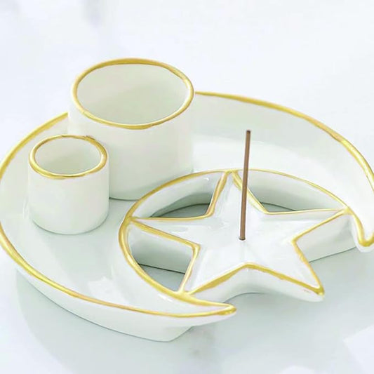 Incense Holder,4 in 1 Palo Santo Holder for Burning Sage and Sticks,5.9" Ceramic Incense Burner,White Candle Holder Ash Catcher Tray for Meditation Home Zen Decor Gift