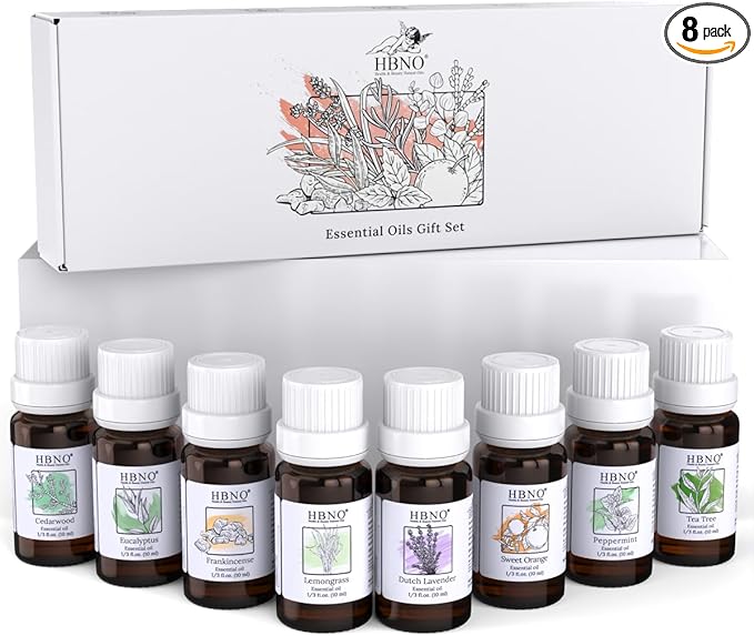 HBNO Essential Oils Set (10ml) - Top 8 Essential Oils. Ideal for Aromatherapy, Soap Making, and More - Cedarwood, Eucalyptus, Frankincense, Lemongrass, Lavender, Orange, Peppermint, Tea Tree