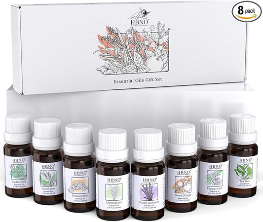 HBNO Essential Oils Set (10ml) - Top 8 Essential Oils. Ideal for Aromatherapy, Soap Making, and More - Cedarwood, Eucalyptus, Frankincense, Lemongrass, Lavender, Orange, Peppermint, Tea Tree