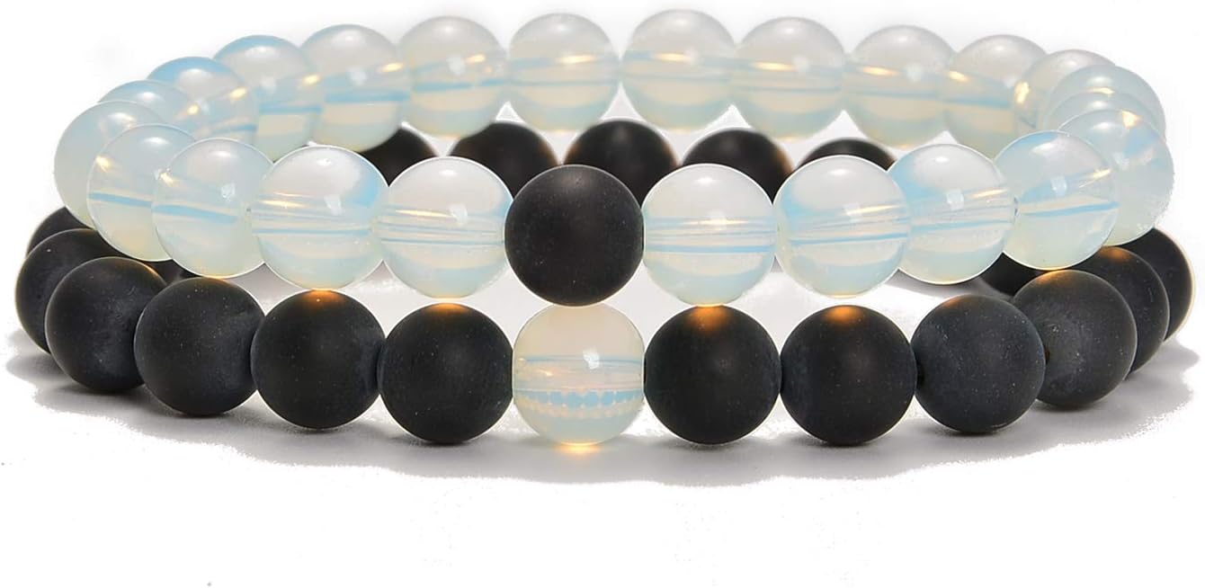 AD Beads 2Pcs His & Hers Distance Beads Bracelets Elastic Natural Stone Yoga Bracelet