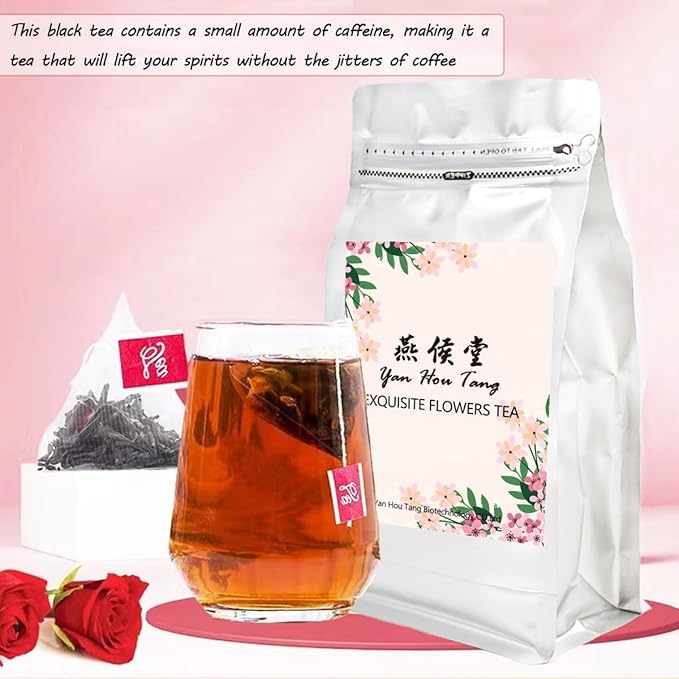 Eilin YHT Rose Black Tea Bags with Red Flower Petals 50 Counts x 3grams