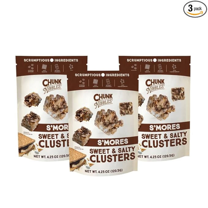 Chunk Nibbles S’mores Snack Clusters - Campfire-Inspired Treat with Marshmallows, Graham Crackers, Pretzels & Chocolate - Small Batch, Handcrafted - Gourmet Treat - 4.25oz Resealable Pouch (3 Pack)