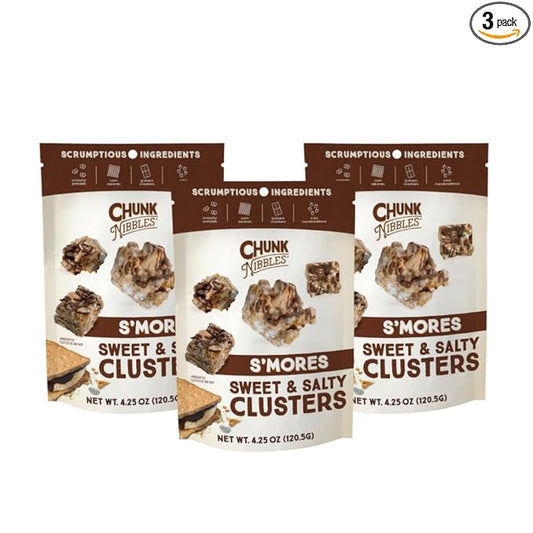 Chunk Nibbles S’mores Snack Clusters - Campfire-Inspired Treat with Marshmallows, Graham Crackers, Pretzels & Chocolate - Small Batch, Handcrafted - Gourmet Treat - 4.25oz Resealable Pouch (3 Pack)