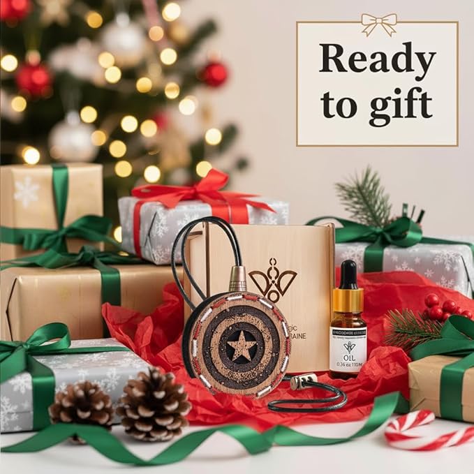 Wood Car Air Freshener — Handmade Car Air Freshener — Captain Shield Designed Fragrance Oil Diffuser in Wooden Gift Box — Aromatherapy Gift Set with Coffee Beans Fragrance Oil - 10 ml