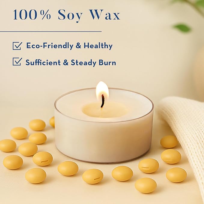Crenovo Tea Lights Candles 25 Pack, Natural Soy Wax Tealights Candles Bulk 6 Hours Non-Toxic, Long Burning, Unscented Small Votive Cup Candles for Wedding, Party, Dinner, Emergency