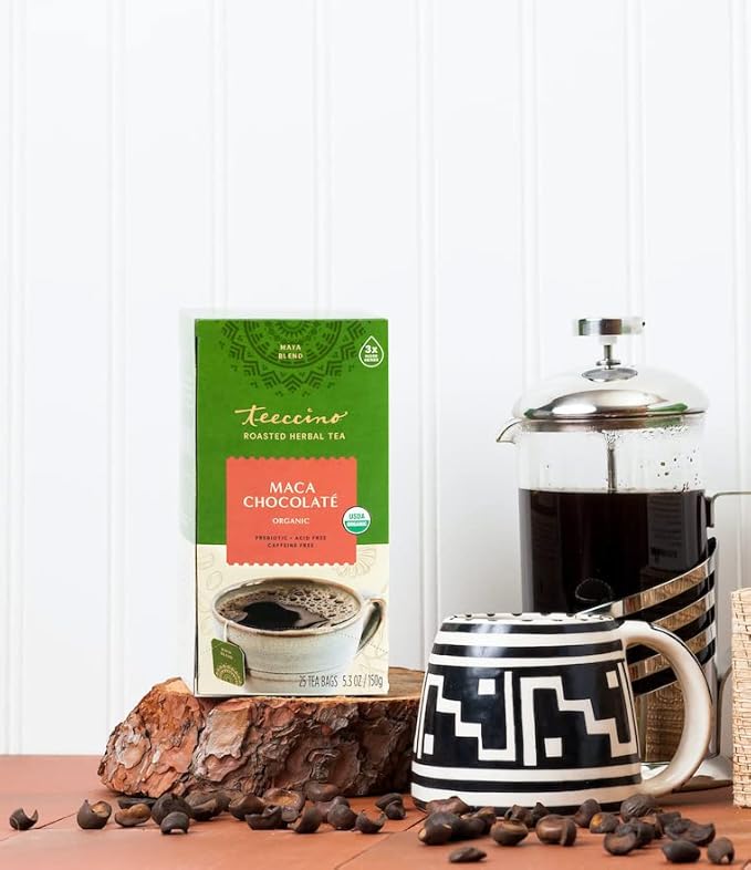Teeccino Maca Chocolaté Herbal Tea - Adaptogenic Peruvian Maca, Cacao, Chicory, Prebiotic, Caffeine Free, Acid Free, Coffee Alternative, 25 Tea Bags (25 Count (3 Pack))
