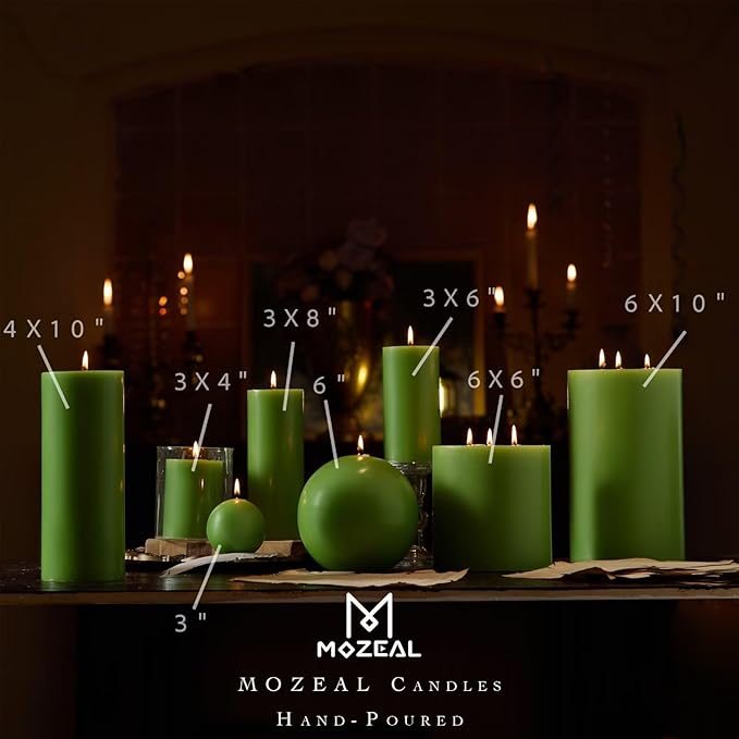 MOZEAL 3" x 4" Hand-Poured Unscented Candle, Dripless Pillar Candle Set of 3, Long Clean Burning, Approx 72 Hours Burn Time, Rustic Country Style, Wedding, Spring, Home Decor, Lime Green