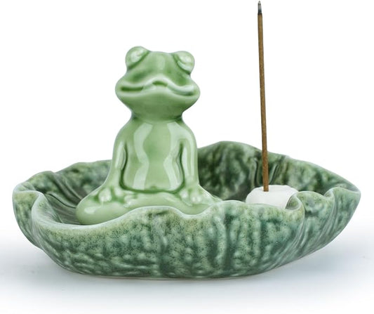 Incense Holder, Handmade Ceramic Frog Incense Burner, 4.5 Inch Insence-Stick Holder Ash Catcher, for Meditation Yoga Incense Burning Fragrance Decoration Household (Dark Green)