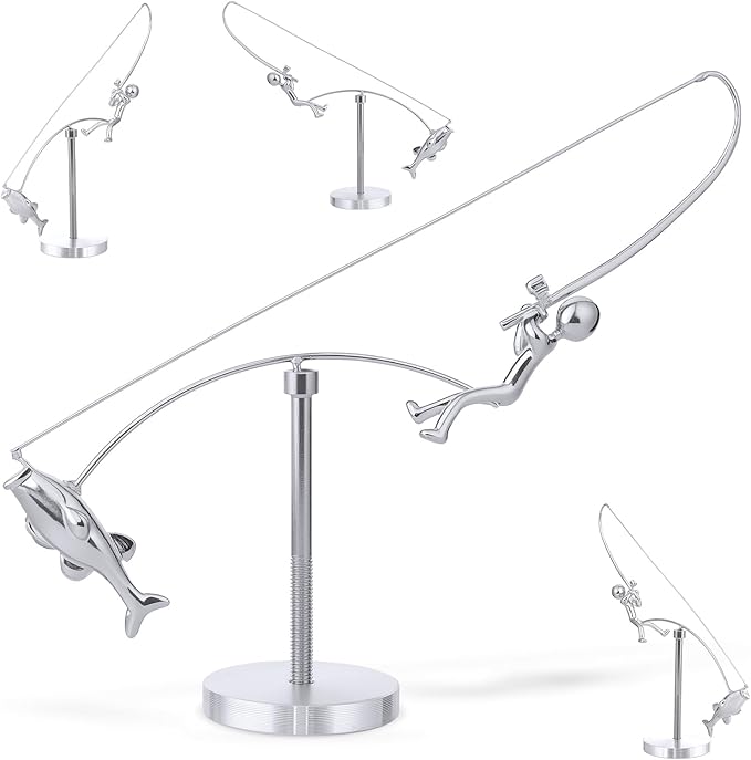 Kinetic Fishing Sculpture, Balance Art for Your Space, Fisherman Balancing Sculpture, Home Office Decor, Gifts for Fishing Lovers