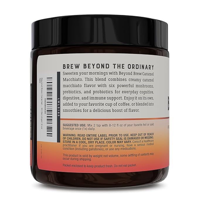 Beyond Brew Caramel Macchiato Coffee Alternative - Low Caffeine Superfood - Powerful Mushroom Complex with Lion’s Mane, Reishi & Chaga - Brewed Drink with Prebiotics & Probiotics (2-pack)