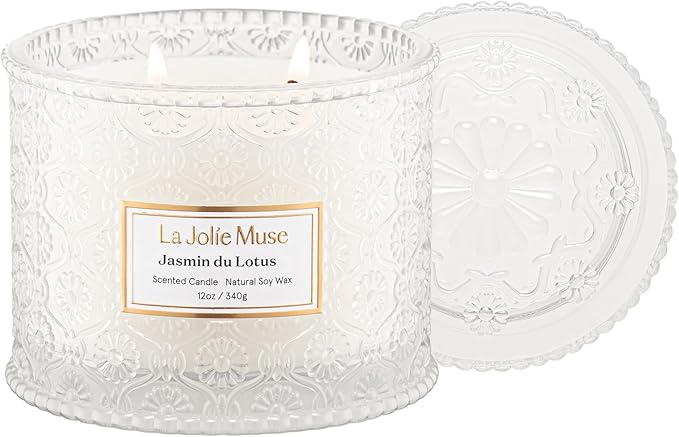 LA JOLIE MUSE Jasmin du Lotus Candle - Ivy, Jasmine, Cedarwood | 12 oz Large 2-Wick Soy Wax Candle | 60 Hours Clean Burn | Floral Scented Candle | Gift-Ready for Hosts & Gatherings