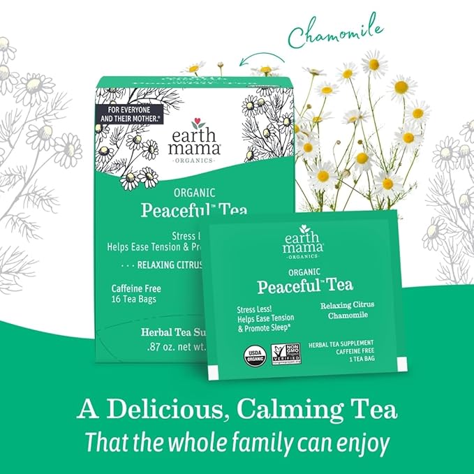 Earth Mama Organic Peaceful™ Tea | Stress Less! Calming, Relaxing Herbal Blend Safe for Pregnancy & Beyond, 16 Teabags Per Box (2-Pack)