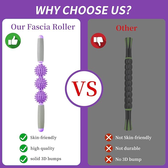 Fascia Muscle Roller, Cellulite Massager Fascia Roller for Cellulite and Sore Muscles, Neck, Leg, Back, Pressure Trigger Point Body Roller Deep Tissue Massage Stick Tools - 3 Massage Balls | Purple
