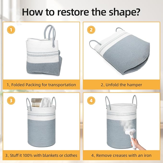 72L Tall Laundry Basket, Cotton Rope Laundry Hamper, Laundry Hamper with Handles, Decorative Woven Basket for Dirty Clothes, Blankets, Pillows in Bathroom, Bedroom (Gray, 16 x 22in)