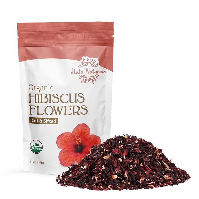 Halo Naturals Organic Hibiscus Flowers Cut & Sifted, 1 Pound (Hibiscus sabdariffa) USDA Certified | Resealable Pouch| Packaged in The USA
