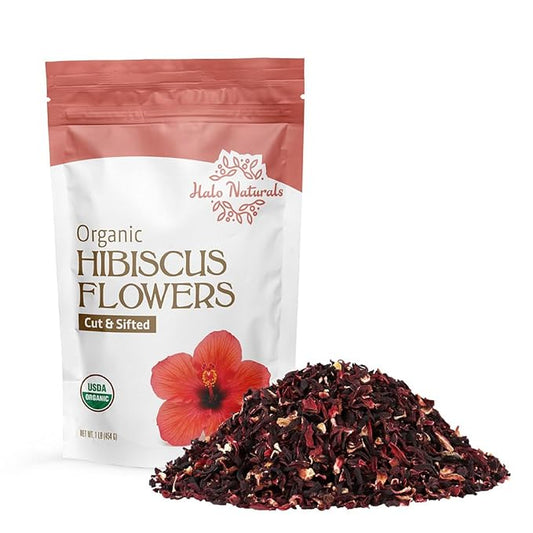 Halo Naturals Organic Hibiscus Flowers Cut & Sifted, 1 Pound (Hibiscus sabdariffa) USDA Certified | Resealable Pouch| Packaged in The USA