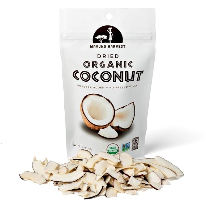Mavuno Harvest Coconut Chips Dried Fruit Snack | Unsweetened Organic Dried Coconut Strips | Gluten Free Snack | Healthy Snacks for Kids and Adults | Vegan, Non GMO, Direct Trade | 2 Ounce, Pack of 6