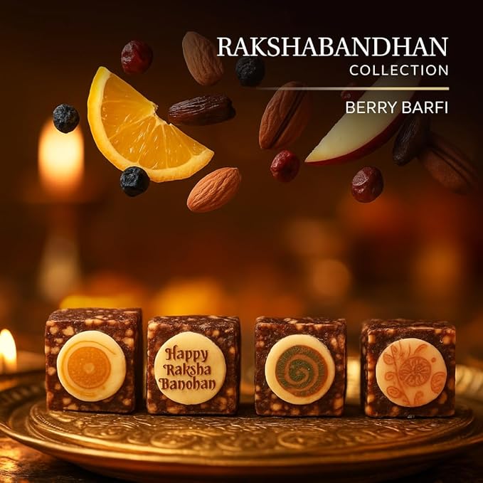 Laumière Gourmet Fruits | Rakhi for Brother with Gift Set | Rakhi with Sweets | Raksha Bandhan Premium Dry Fruits & Nuts Box with 2 Rakhis & Roli Combo – Rakhi Hamper for Brother - No Added Sugar, Vegan, Halal