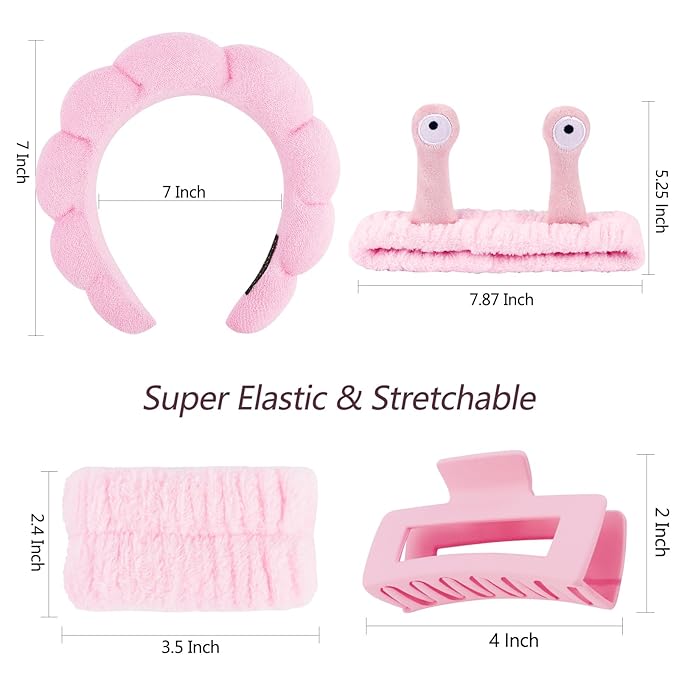 VELSCRUN Spa Headband, Makeup Face Wash Skincare Headbands, 5 Pcs Sponge Get Ready Snail Hairband Facial Wristband Hair Clip Set, Stuff for Teen Girls Women Trendy Hair Accessories Sakura Pink