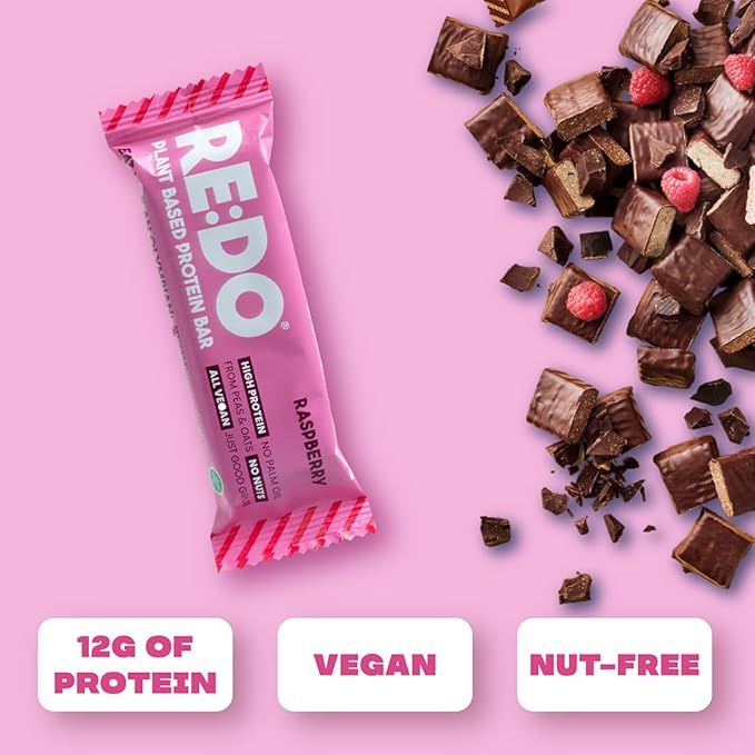 RE:DO Plant based Protein Bars I Swedish Raspberry 2.1oz bars I 12g Vegan Protein, Nutrition Protein Bars I High Protein Recovery Bars, No Palm oil I (9 count) (Large, Raspberry)