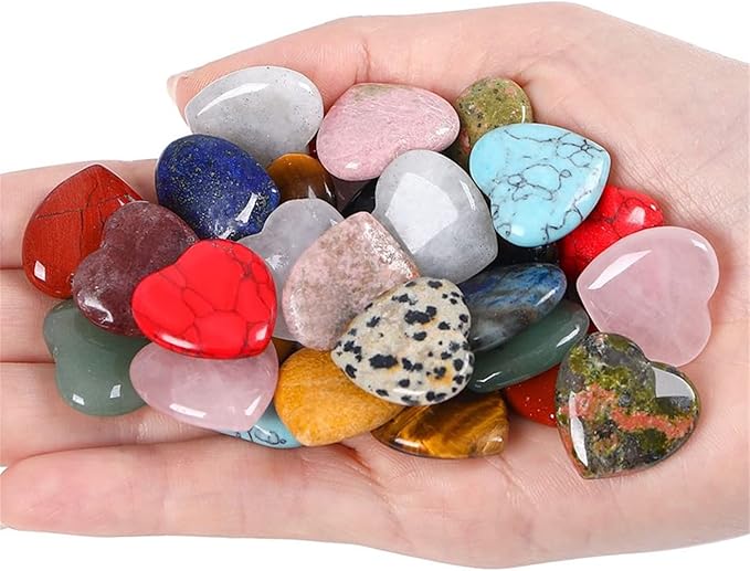 15PCS Natural Heart Healing Crystals Love Stones Rose Quartz Clear Quartz Tiger Eye Heart Set Bulk Polished Pocket Palm Thumb Gemstones Meditation Chakra Reiki Energy Balancing 0.8 inch