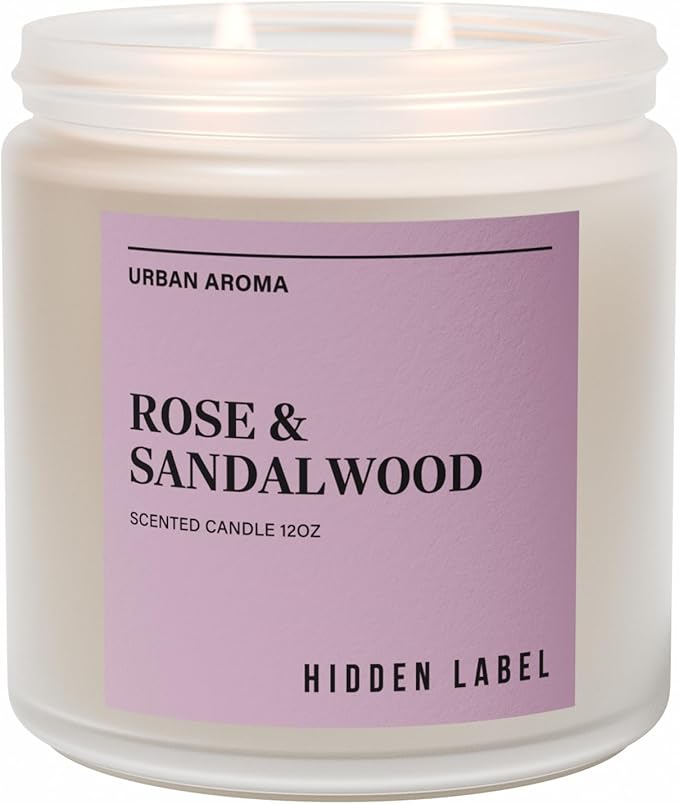 Hidden Label Rose & Sandalwood Scented Candle, 12oz 2 Wick Natural Soy Non Toxic Candles, Clean Burning Long Lasting Aromatherapy for Home | Gifts | Décor,Premium Scents for Relaxation & Stress Relief