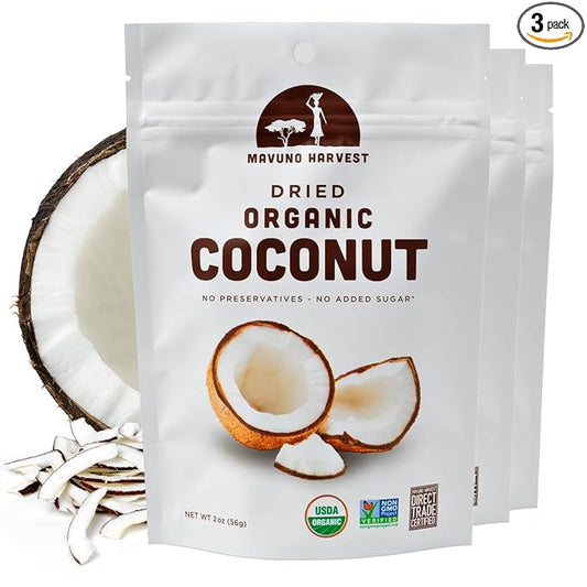 Mavuno Harvest Coconut Chips Dried Fruit Snack | Unsweetened Organic Dried Coconut Strips | Gluten Free Snack | Healthy Snacks for Kids and Adults | Vegan, Non GMO, Direct Trade | 2 Ounce, Pack of 3