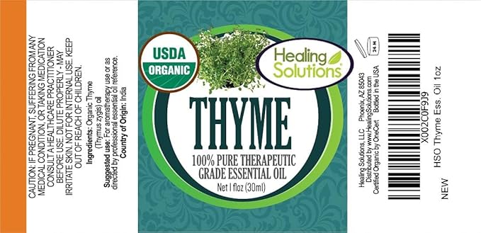 Healing Solutions Organic Thyme Essential Oil 1 oz (30 ml), Pure & Undiluted Thyme Oil for Hair Diffuser