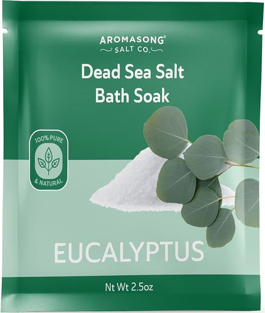Aromasong Pure Dead Sea Salt 100% Natural Eucalyptus Essential Oil – 2.5 oz. Spa Bath Salt Fine Grain- Christmas Stocking Stuffers for Adults, Kids, Women, and Mens soak Stocking Stuffers for Adults