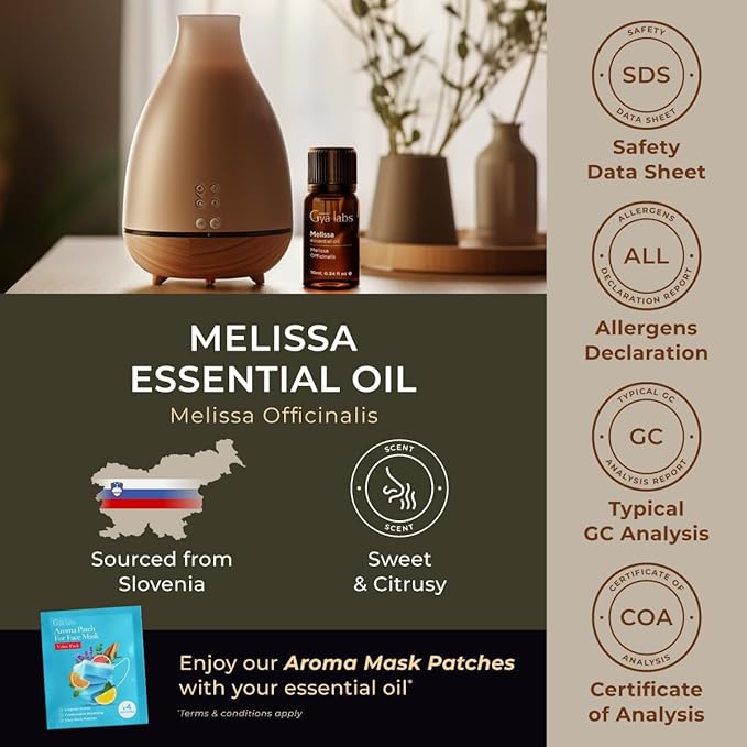 Gya Labs Melissa Essential Oil - 0.34 Fl Oz - for Hair, Skin, Diffuser, Aromatherapy & DIY Candle Making Scent