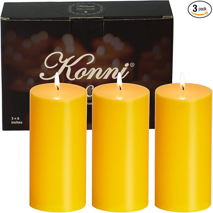 KONNI Yellow Pillar Candles Set of 3, 3"x 6" Unscented Pillar Candles Bulk, 56 Hours Long Burning Candles, Smokeless&Dripless Large Round Candle for Wedding, Home Decoration, Parties, Spas, Dinner