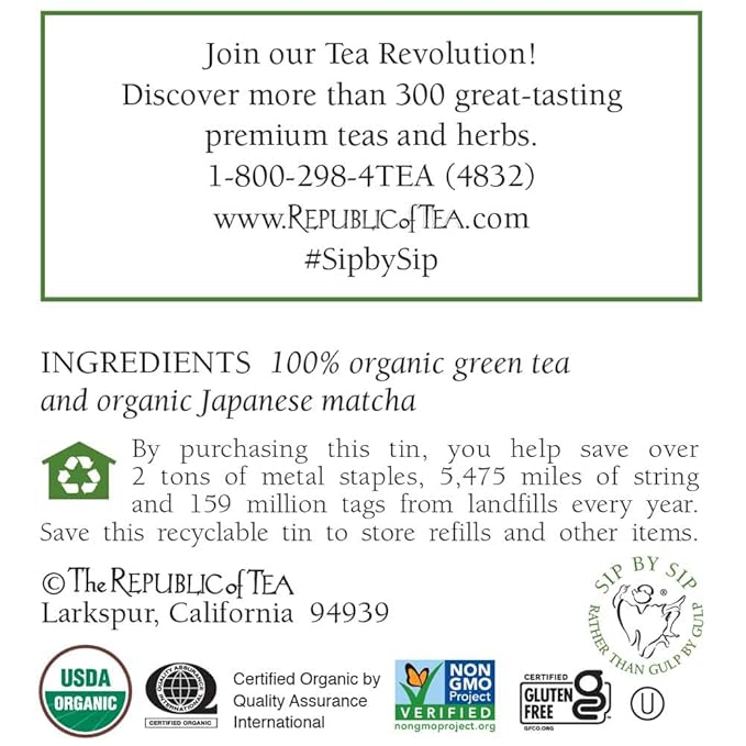 The Republic of Tea - Organic Double Green Matcha, Naturally Caffeinated Japanese Green Tea Powder and Leaves, Steeps 50 Cups (Pack of 2)