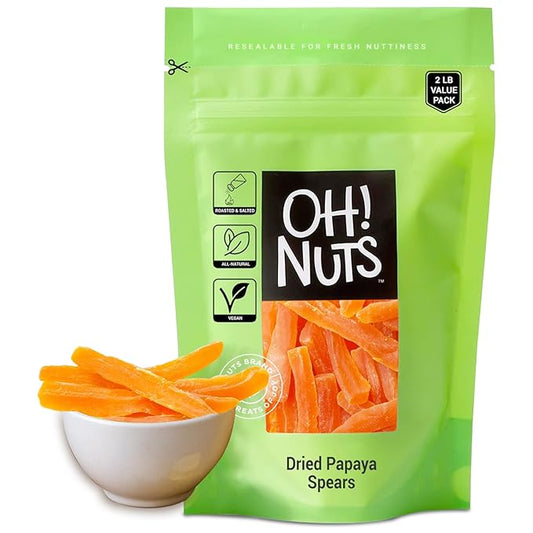 Oh! Nuts Dried Papaya Spears - 2 lb - Dried Fruit Spears - Less Sugar Added - Dehydrated Fruit Bites - Packed in New York Zip-Seal Bag for Exceptional Freshness